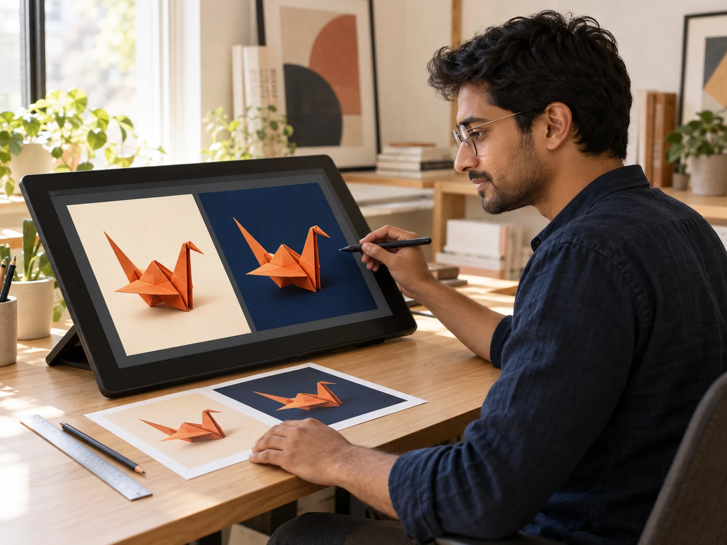 Freiberuflicher Designer vergleicht mit einem Stiftdisplay einen orangefarbenen Origami-Kranich auf creme- und mitternachtsblauem Hintergrund, mit gedruckten Layoutproben für Kunden