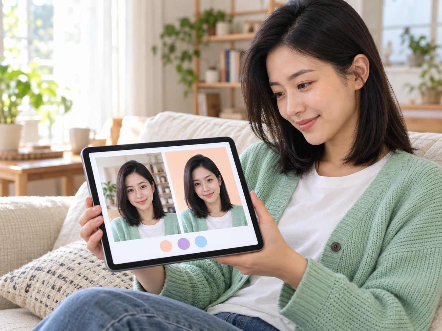 Frau zu Hause betrachtet ihr Porträt auf einem Tablet und vergleicht den ursprünglichen Raum mit einem schlichten pfirsichfarbenen Hintergrund für ihr Profilfoto