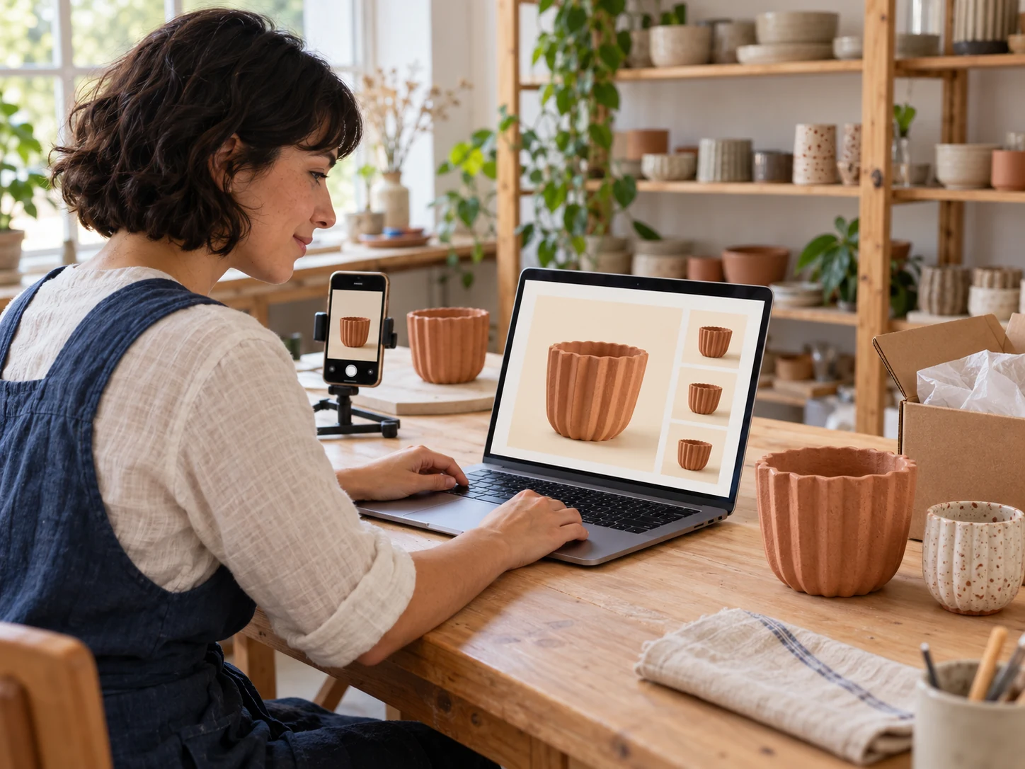 Selbstständige Keramikhändlerin bereitet Topffotos am Studiotisch vor, mit Smartphone-Fotoständer, Versandkarton und Laptop mit einheitlichen elfenbeinfarbenen Produkthintergründen