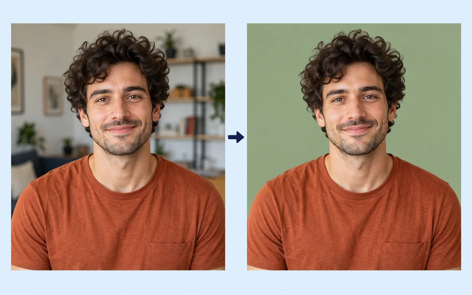 Derselbe Mann mit lockigem Haar im ursprünglichen Wohnungsporträt und vor salbeigrünem Hintergrund als Beispiel automatischer Motivfreistellung