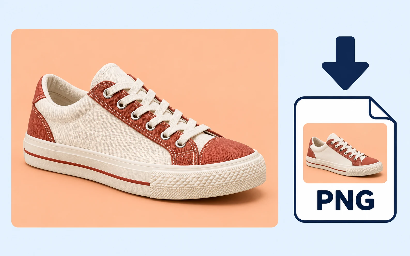 Terrakotta- und elfenbeinfarbener Sneaker auf pfirsichfarbenem Hintergrund neben Downloadpfeil und PNG-Vorschau mit demselben farbigen Hintergrund