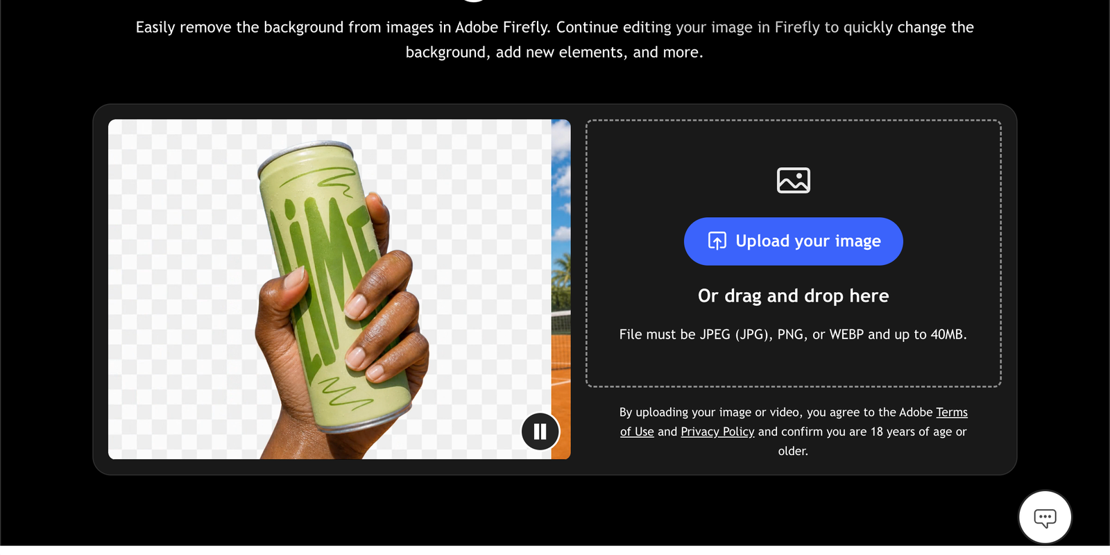 Adobe Firefly background remover upload interface