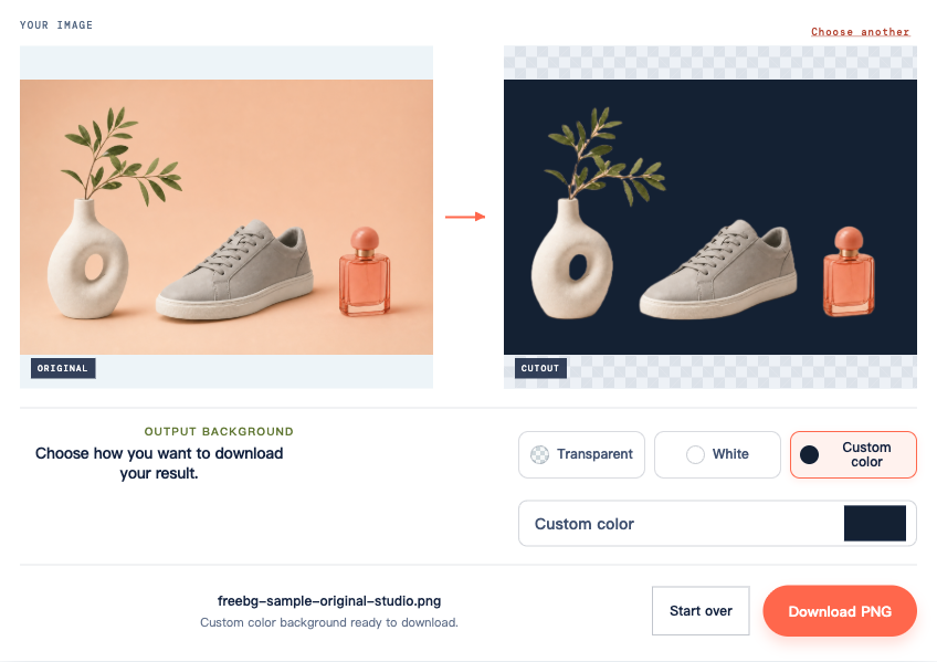 The same product cutout previewed against a dark custom background to inspect leaf edges, the vase opening, and the perfume bottle.