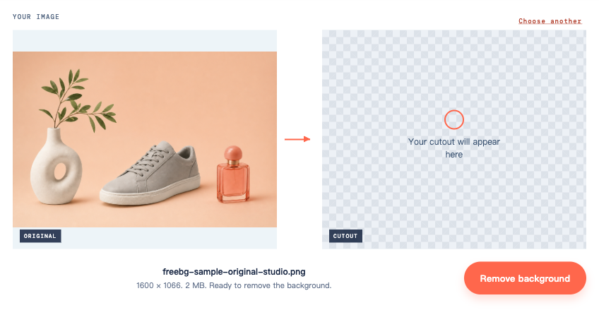 Product image loaded into Free BGRemover, with the Remove background button below the original and an empty cutout preview.