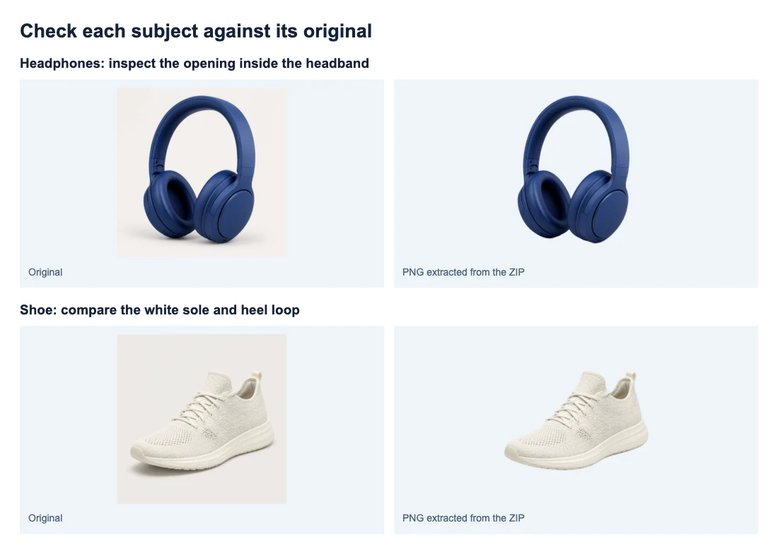 Headphones and a pale shoe compared with their actual PNGs extracted from the batch ZIP, displayed on light blue.