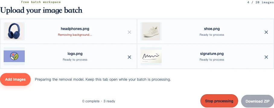 Actual four-image batch queue with headphones processing and the shoe, logo, and signature waiting, plus Stop processing and Download ZIP controls.