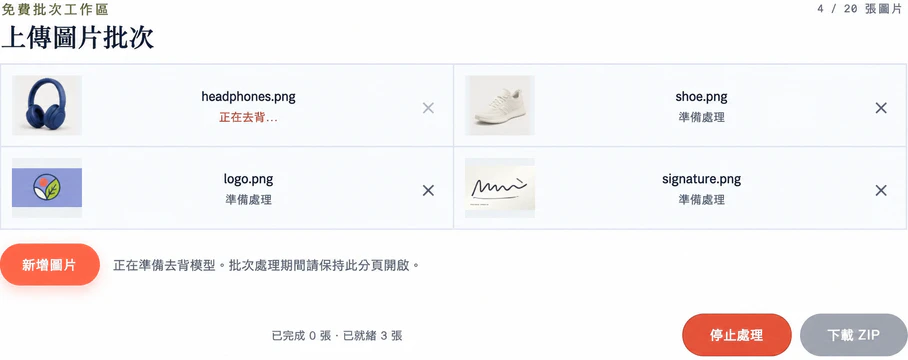 實際的四圖批次佇列：耳機正在處理，鞋子、徽標和簽名正在等待，介面中還有「停止處理」和「下載 ZIP」控制項。