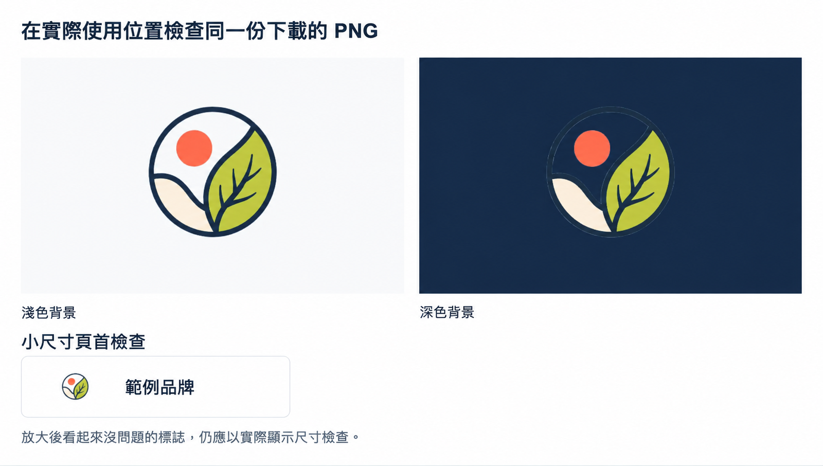 實際下載的圓形葉片標誌 PNG，展示在淺色和深海軍藍色背景上，下方附有適合頁首的小尺寸預覽。