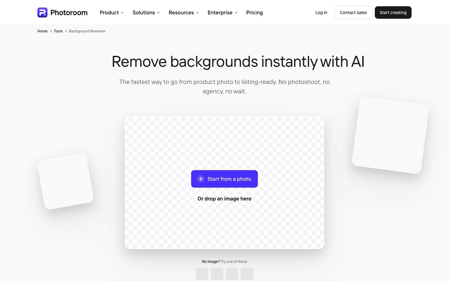 Photoroom background remover page