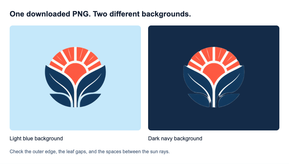 Incomplete logo cutout on blue and navy backgrounds, showing pale internal strips and a light fringe despite a transparent outer background.