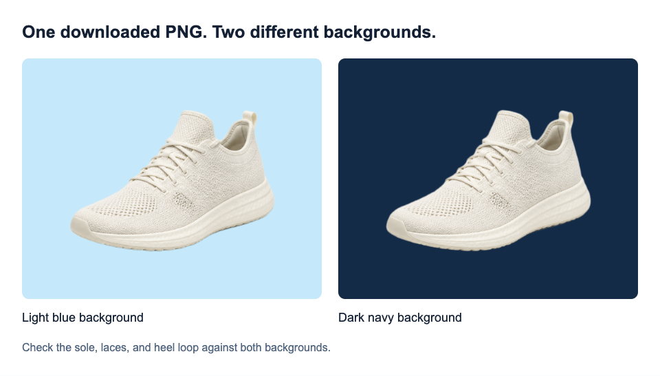 The actual downloaded shoe PNG displayed on light blue and dark navy surfaces, with no solid rectangle around the shoe.