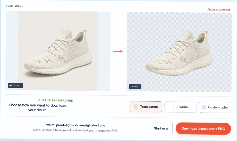 Actual PNG maker result showing the pale shoe before and after background removal, with Transparent selected and the PNG download button.