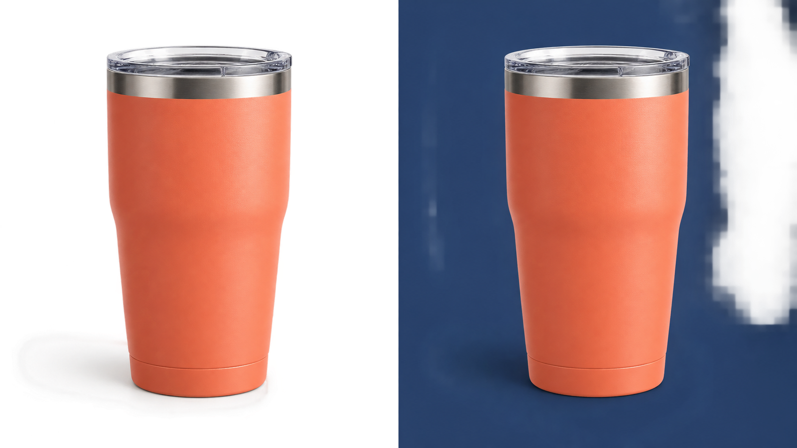 Illustration eines korallenfarbenen Bechers auf einfarbigem Hintergrund und einem Schachbrettmuster für Transparenz.