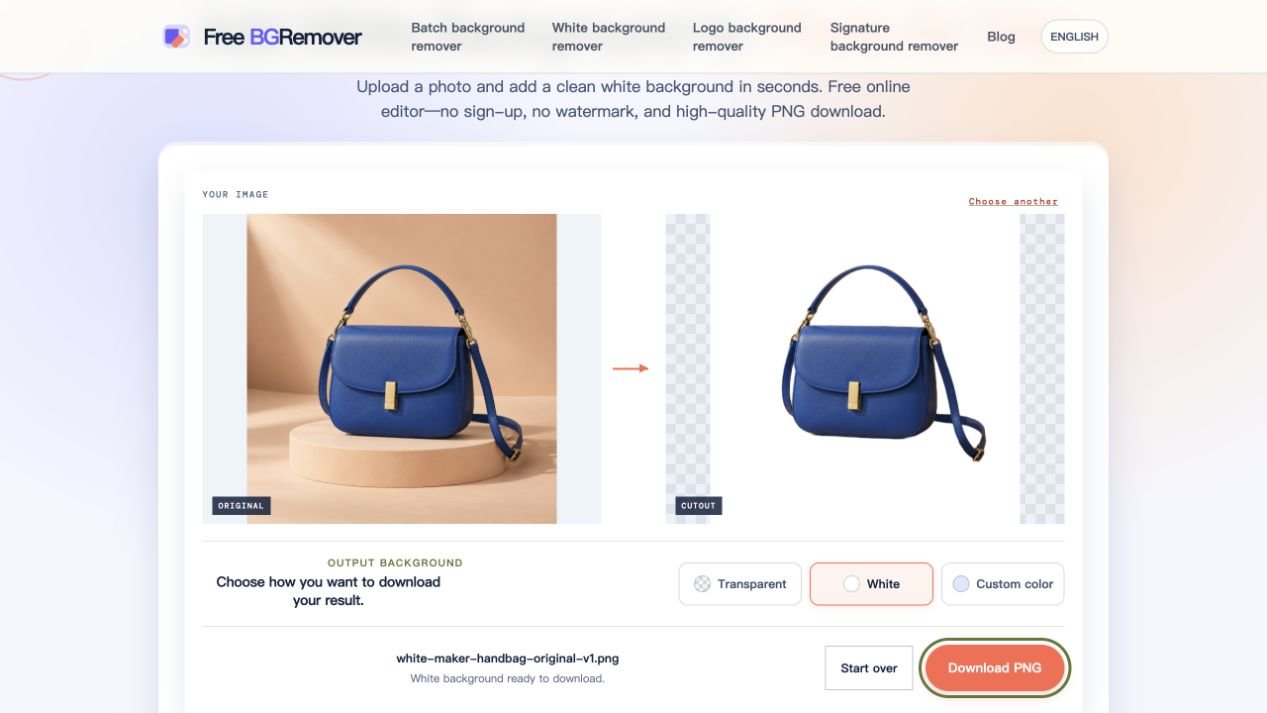 Echte Free BGRemover-Sitzung mit der Beispielhandtasche vor und nach der Verarbeitung, ausgewähltem Weiß und der Schaltfläche PNG herunterladen.