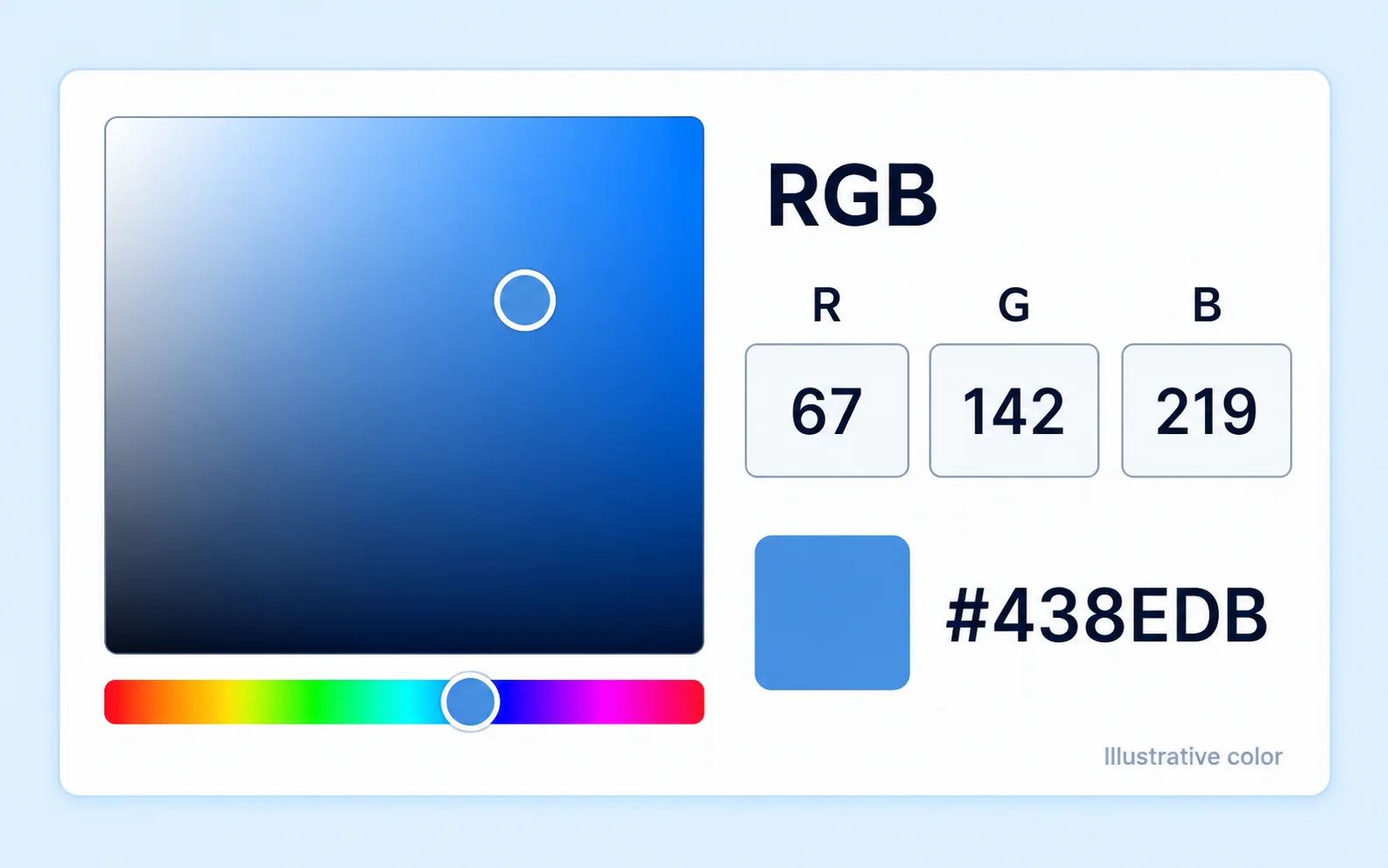 Концептуальная палитра синего цвета со значениями RGB 67, 142, 219 и фиксированным значением HEX #438EDB.