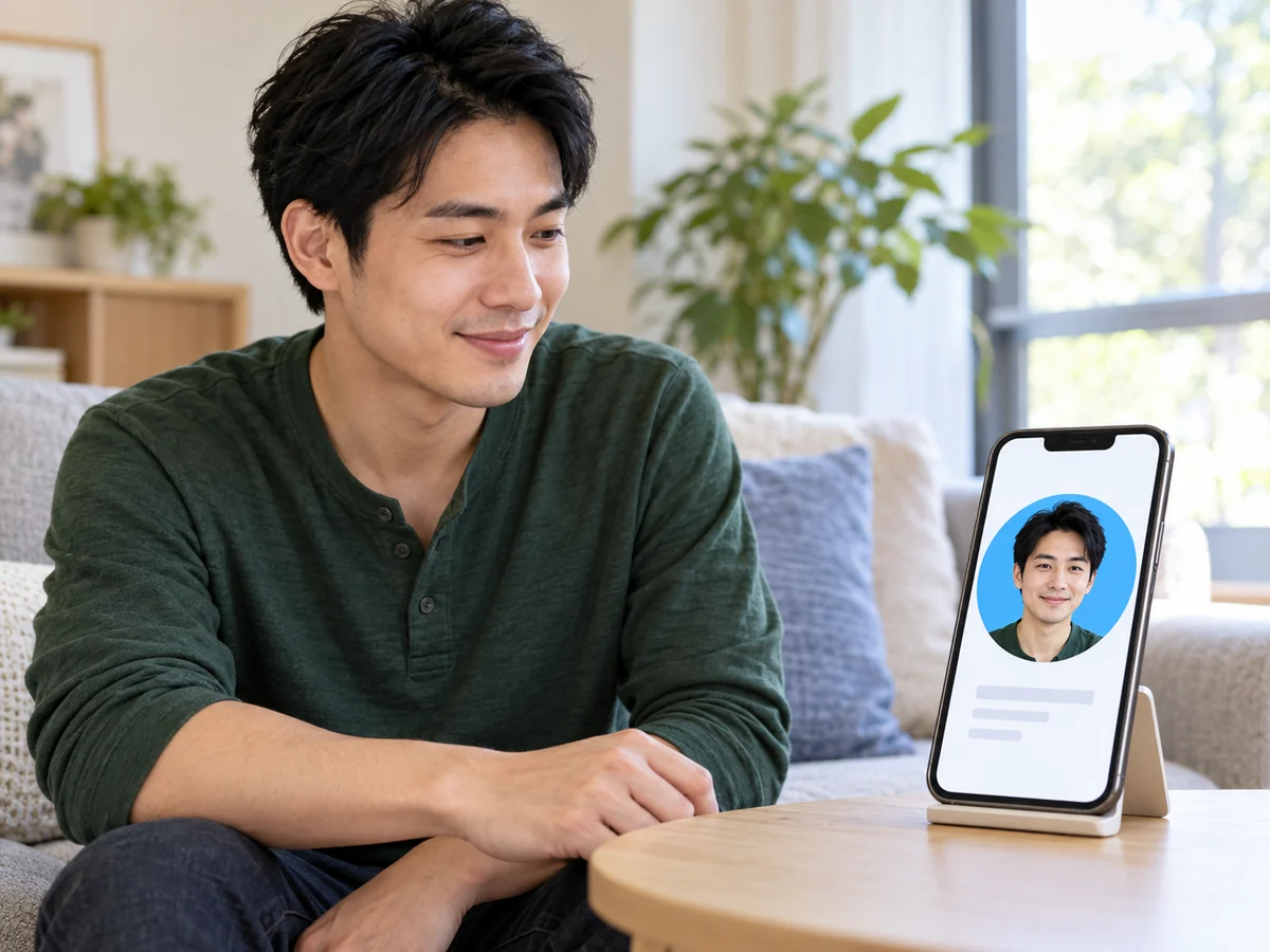 집에서 편안한 옷을 입고 스마트폰으로 파란 배경의 프로필 사진을 확인하는 남성
