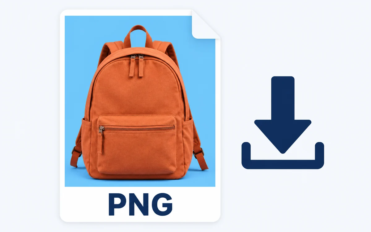 PNG 파일 카드 안 파란 배경 위 주황색 배낭과 옆의 다운로드 화살표를 보여 주는 그림