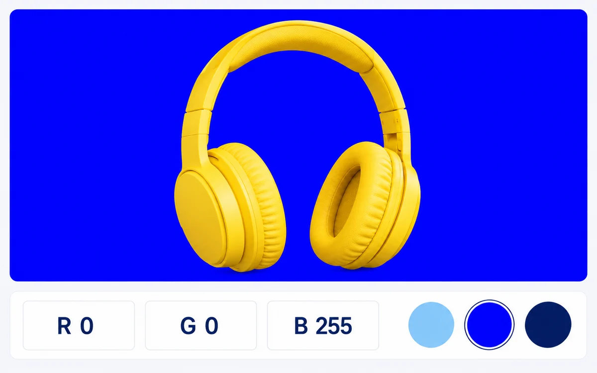 파란 배경 위 노란 헤드폰, R 0, G 0, B 255로 설정된 RGB 입력란, 세 가지 파란색 견본을 보여 주는 그림