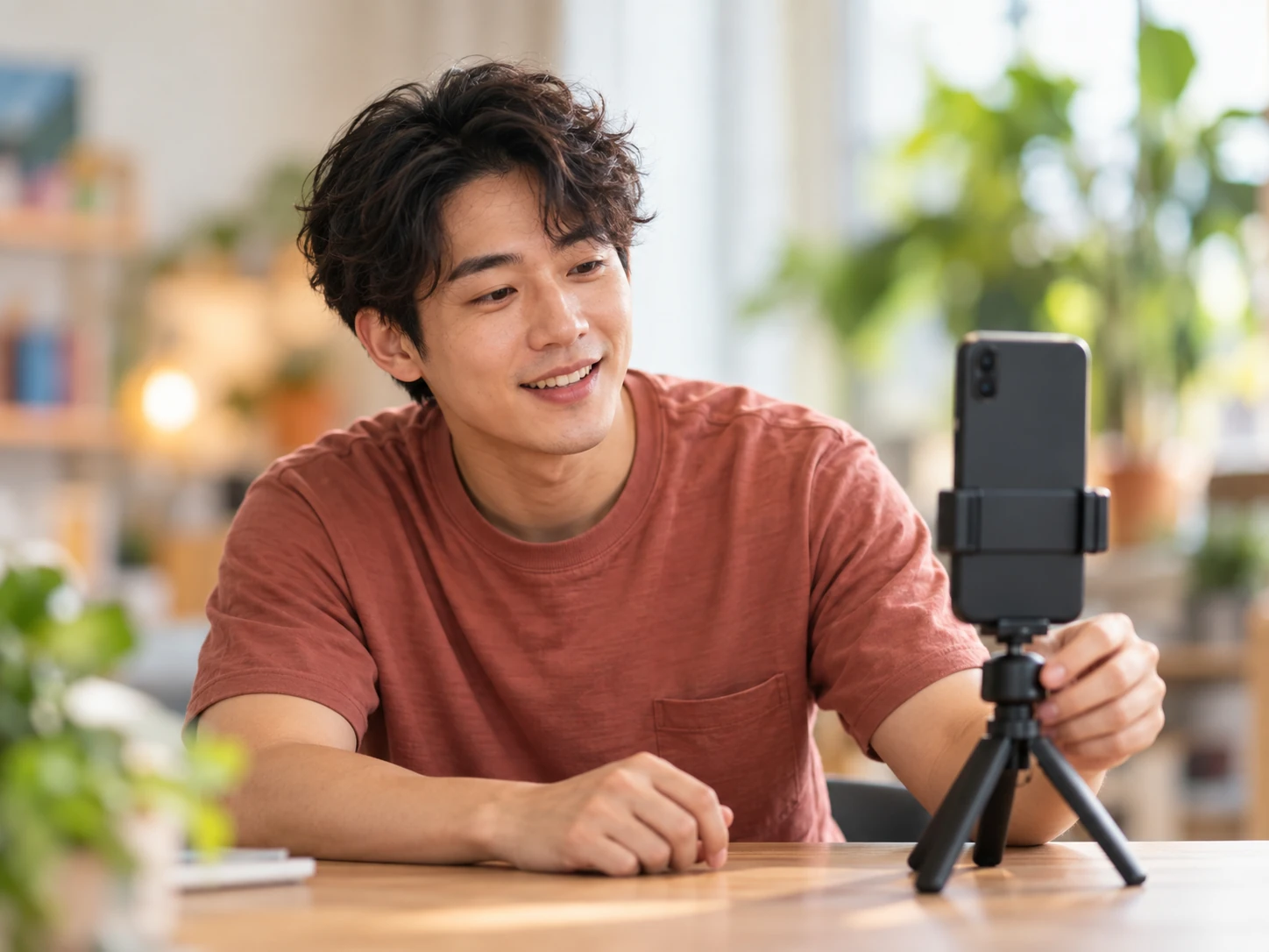 Creador de contenido con camisa color terracota preparando una publicación en redes con un smartphone sobre un trípode de mesa, nítido frente a un espacio de trabajo diurno desenfocado