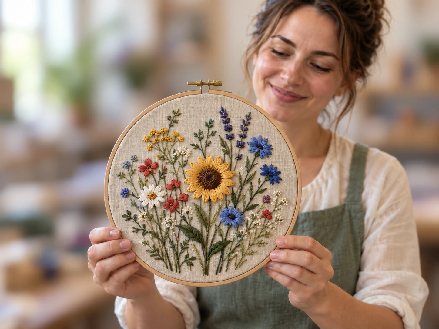 Artesana del bordado mostrando un aro floral con puntadas nítidas y textura de lino visible frente a un taller doméstico muy desenfocado