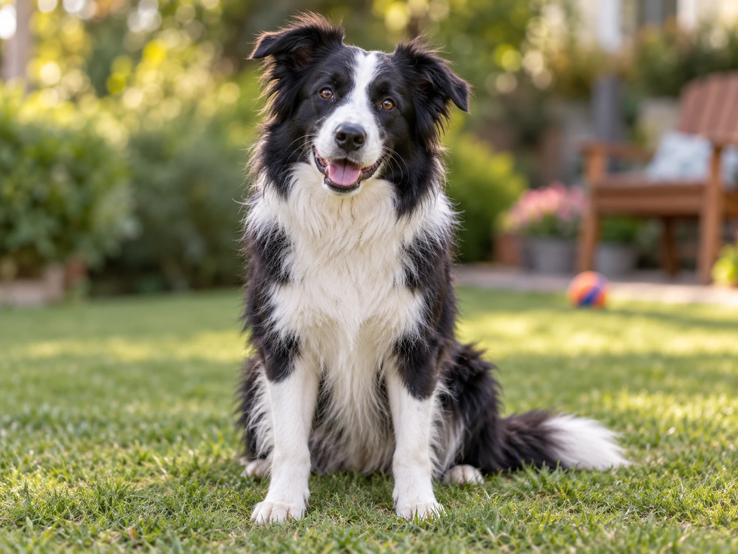 Border collie blanco y negro con el pelaje, las orejas, los bigotes y las patas nítidos en un jardín doméstico, frente a vegetación, una silla de exterior y un juguete suavemente desenfocados