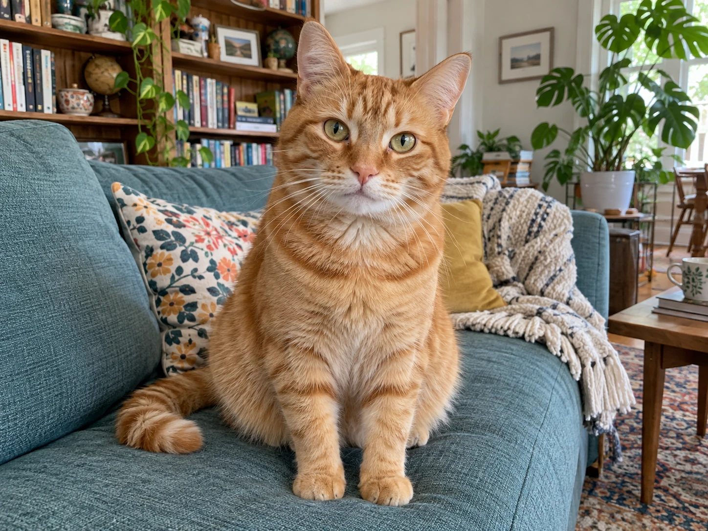 Gato atigrado naranja en un sofá azul verdoso, con libros, plantas, cojines y una manta en el salón