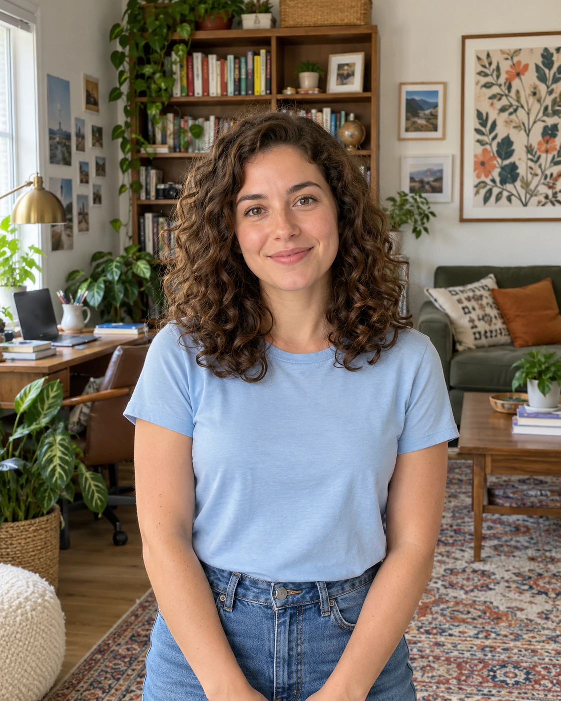 Retrato de una mujer con camisa azul claro en una oficina doméstica desordenada, rodeada de libros, plantas y adornos de pared