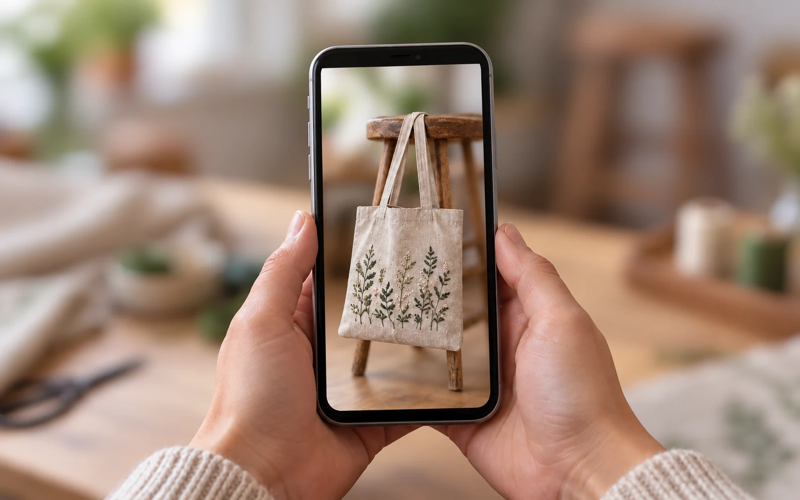 Manos revisando en un smartphone una foto de un bolso de tela de lino antes de compartirla