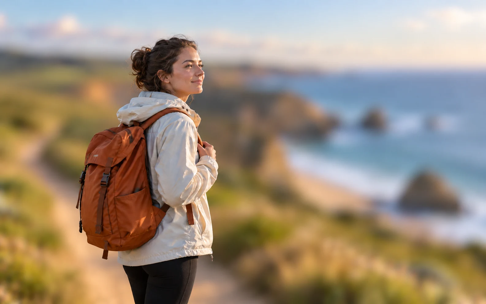 Viajero y mochila naranja óxido nítidos frente a un mar azul y unos acantilados costeros muy desenfocados