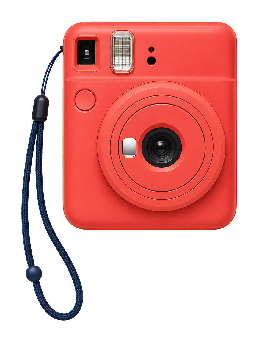 Illustrative coral instant camera with a navy wrist strap on a transparent checkerboard