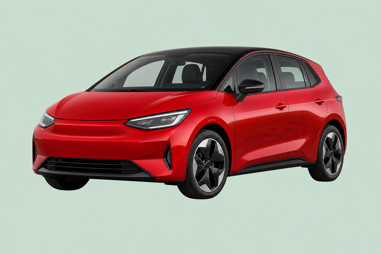 Red car on a pale green background.