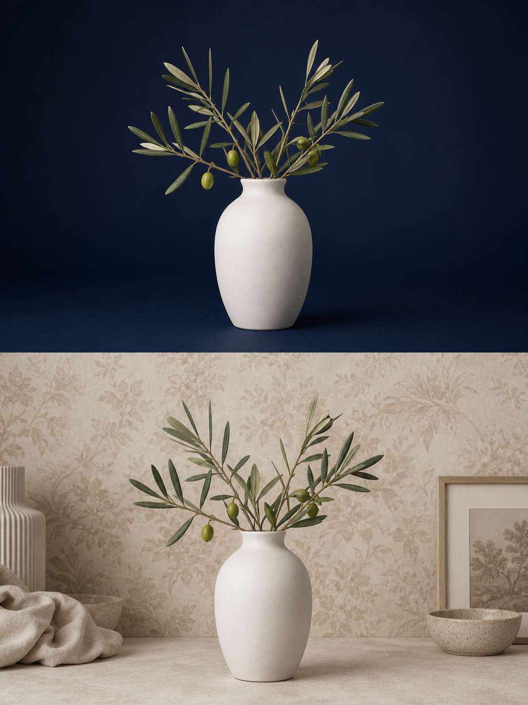 Top: a clear subject against a dark plain background. Bottom: a similar subject against a low-contrast, cluttered background.
