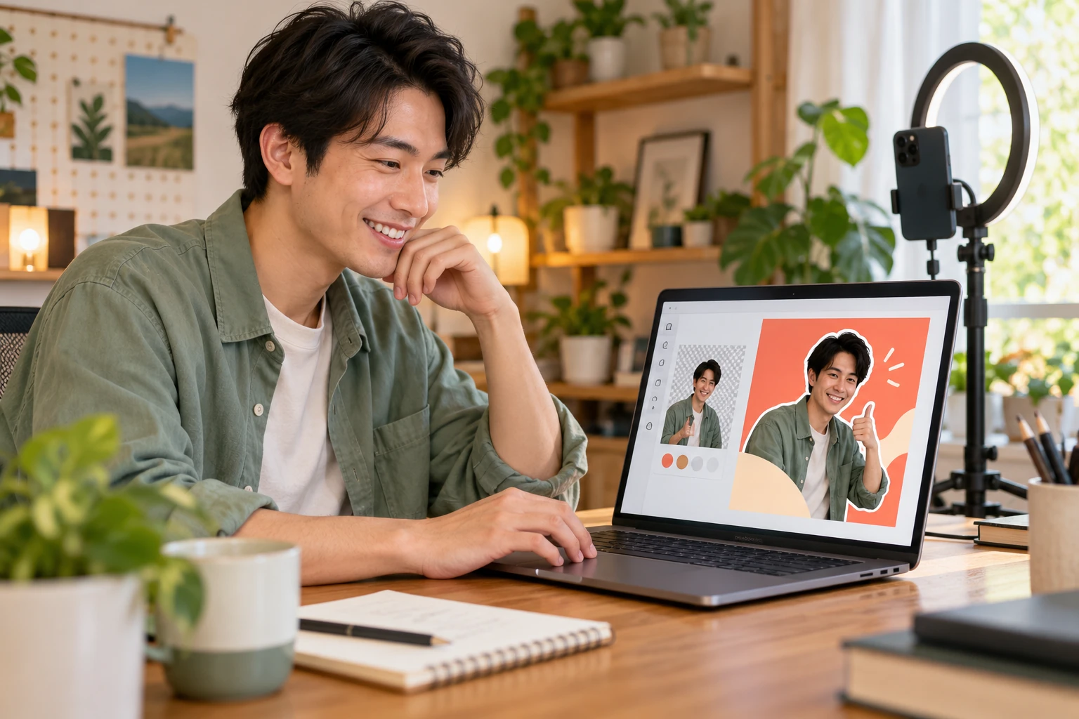 Cảnh minh họa một nhà sáng tạo nội dung mạng xã hội tái sử dụng hình cắt biểu cảm của mình trong thiết kế bài đăng