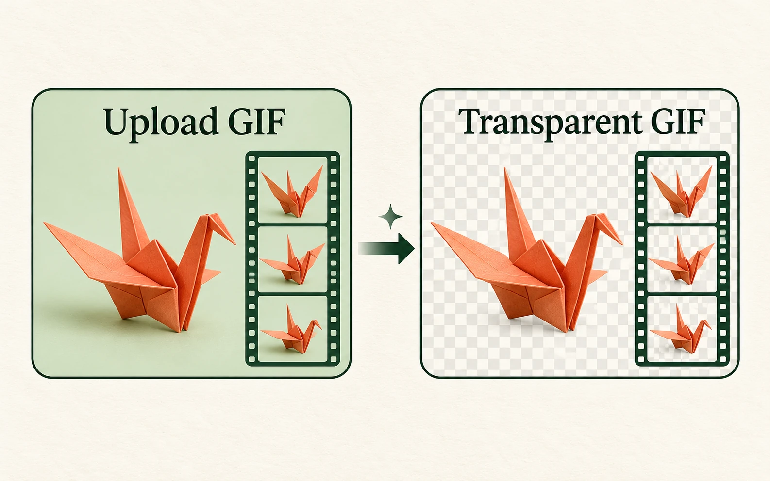 Minh họa một GIF hạc giấy origami được xử lý thành hoạt ảnh trong suốt với đầy đủ các khung hình