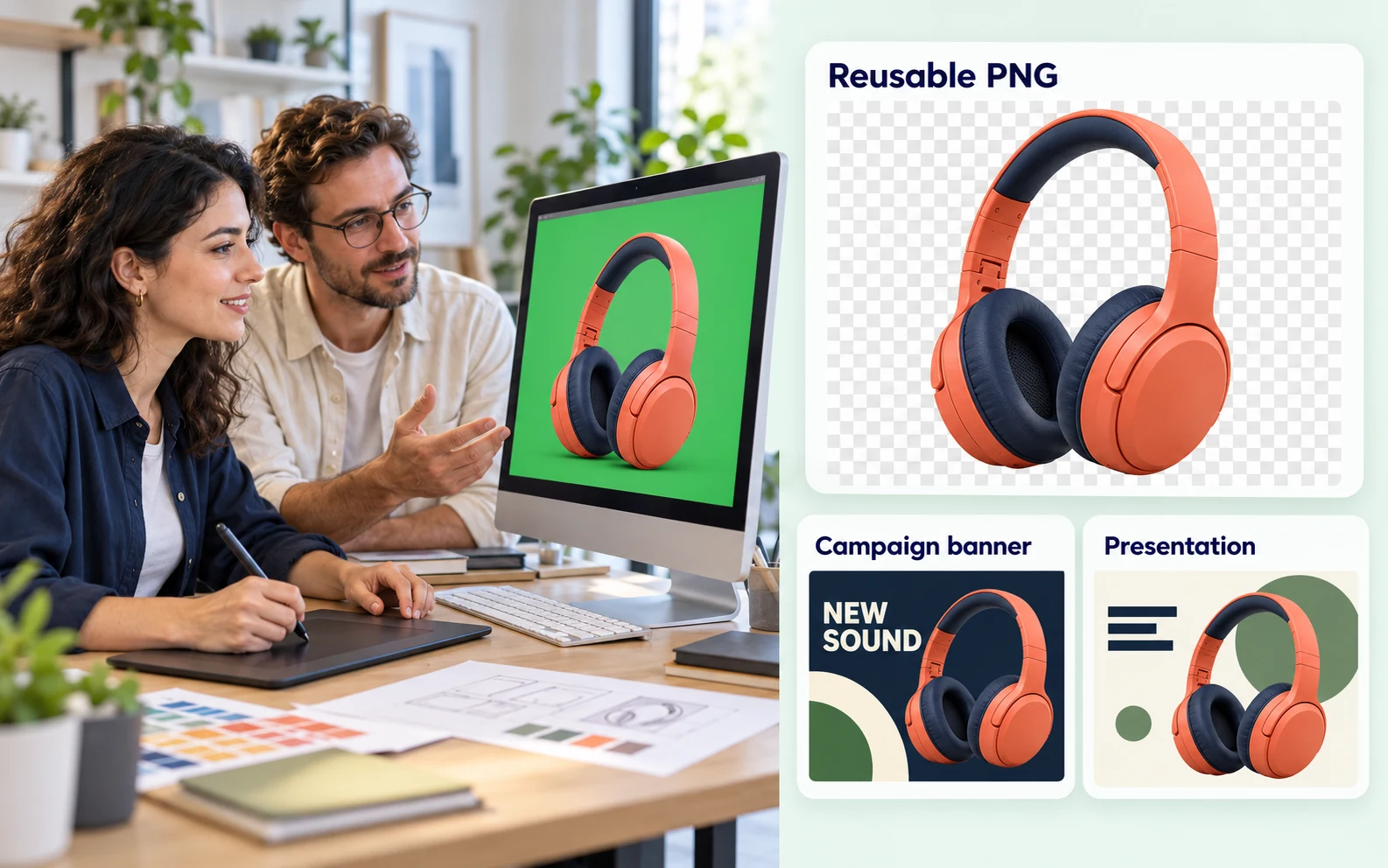 Ilustrace designéra a marketéra kontrolujících sluchátka na zeleném pozadí; stejný průhledný produktový podklad znovu používají v návrhu kampaně a prezentace.