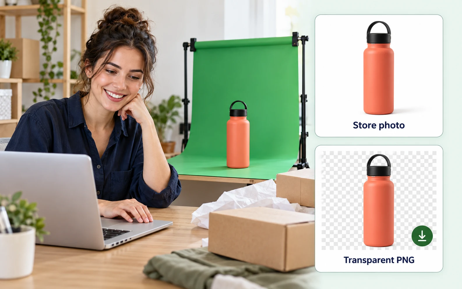 Ilustração de uma vendedora online preparando fotos de produtos ao lado de uma garrafa de água em um cenário com fundo verde, com prévias de fundo branco e PNG transparente.
