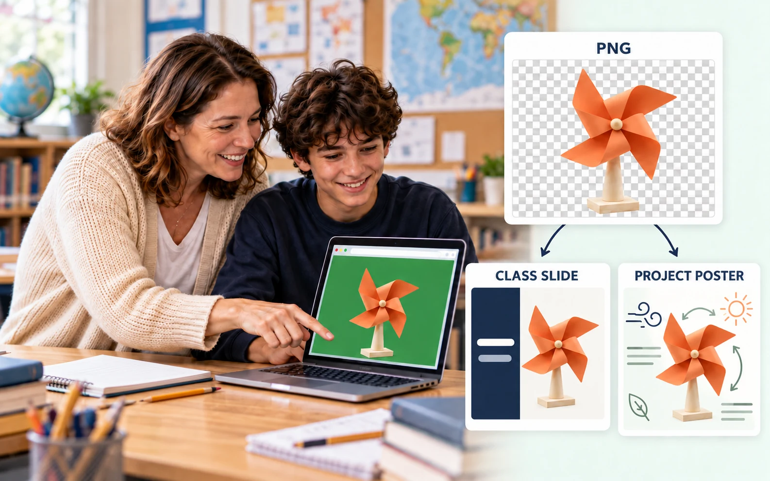 Ilustrace učitele a studenta připravujících fotografii papírového větrníku na zeleném pozadí a následně znovu používajících průhledné PNG ve školním snímku a na plakátu projektu.