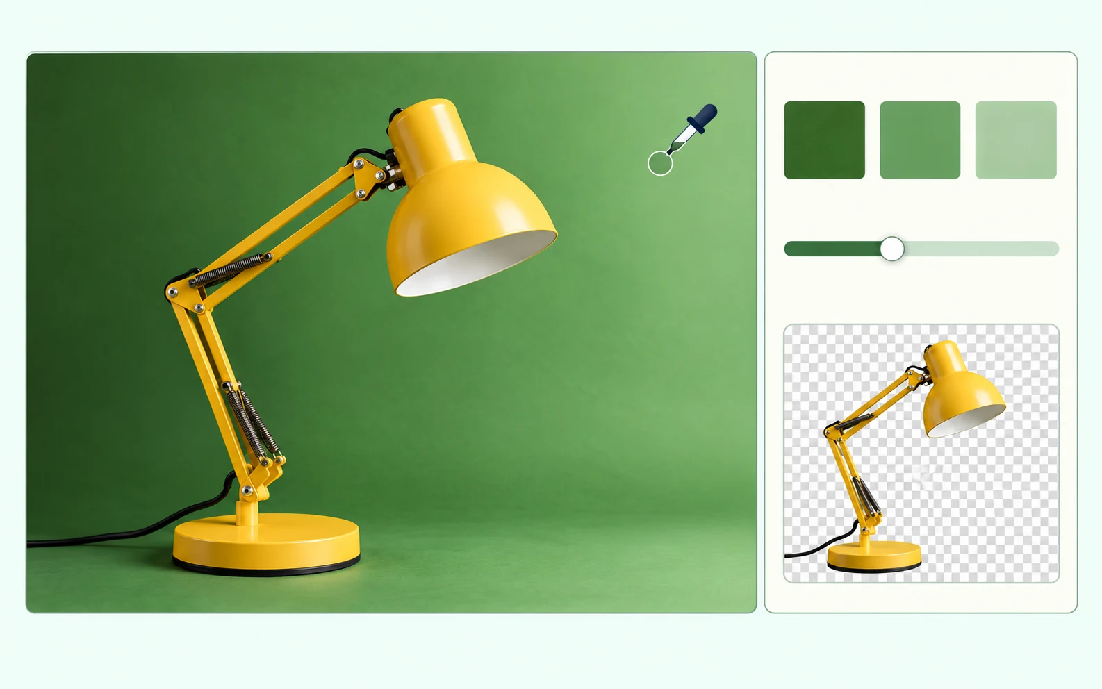Ilustração da seleção da cor de um fundo verde com iluminação desigual atrás de uma luminária de mesa amarela, com amostras de verde, controle de tolerância e prévia da luminária com fundo transparente.