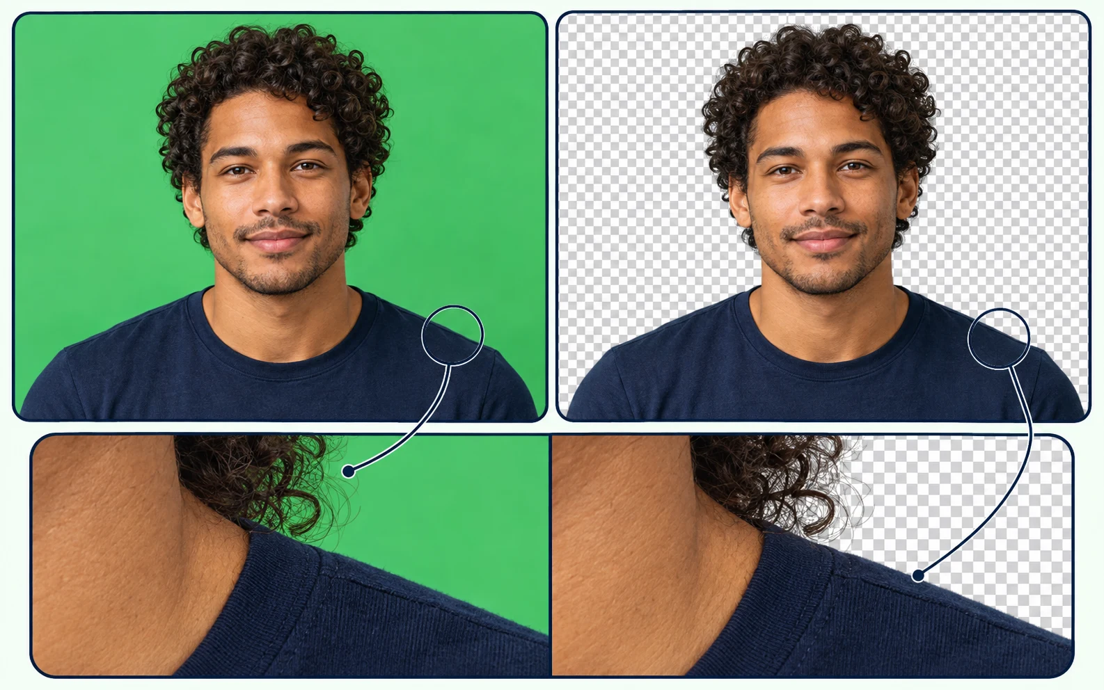 Ilustração que compara o retrato de um homem de cabelo cacheado sobre fundo verde e transparente, com detalhes ampliados do cabelo e do ombro.
