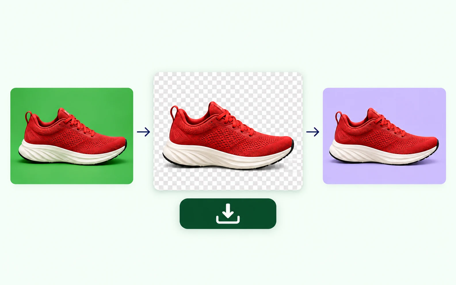 Ilustração de um tênis de corrida vermelho sobre fundo verde, um padrão de transparência e um design roxo, com ícone de download.