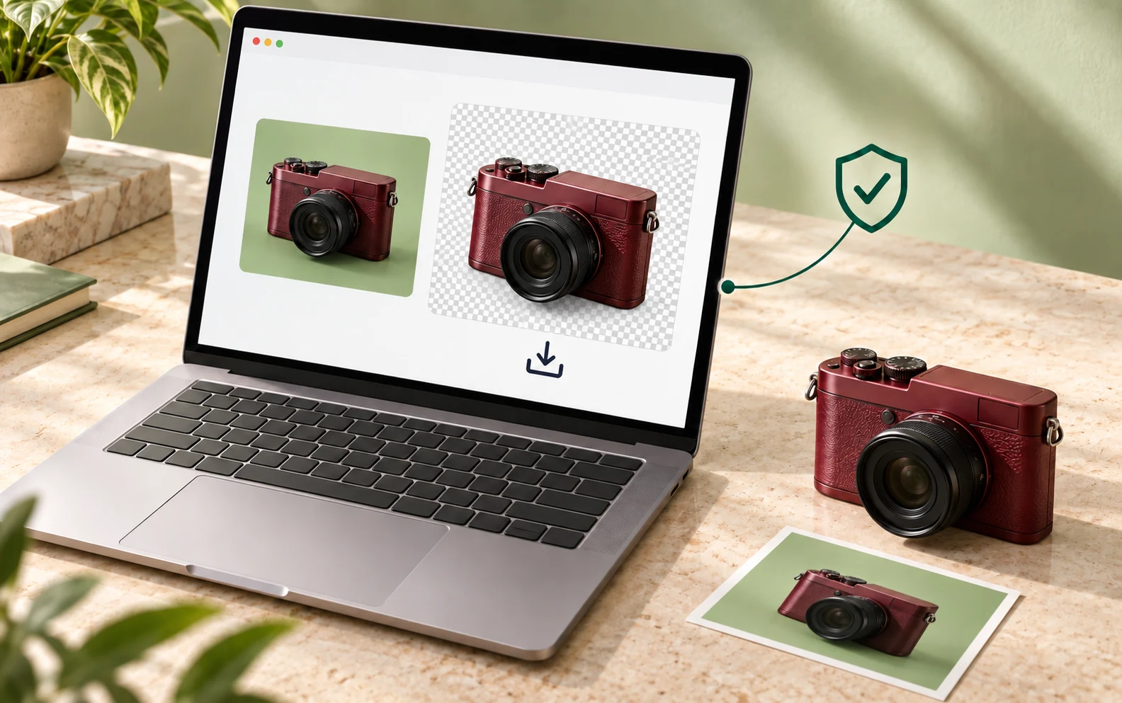 Ilustração de um notebook processando localmente a foto de uma câmera bordô, com prévias verde e transparente e um ícone de escudo.