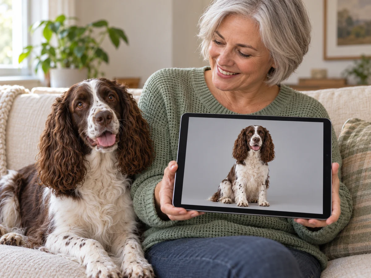 Dueña de una mascota sentada en casa con su spaniel marrón y blanco, sosteniendo una tableta que muestra la foto del perro con fondo gris