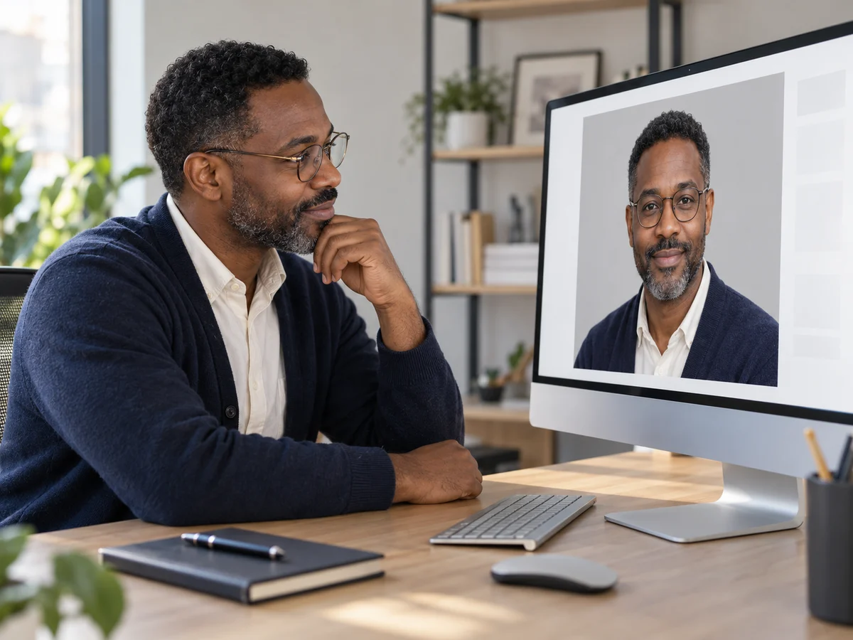 Profesional en una oficina revisando su propio retrato con fondo gris claro en un monitor de escritorio