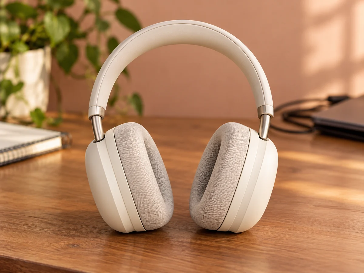 Auriculares de color marfil sobre un escritorio de madera frente a una pared color melocotón