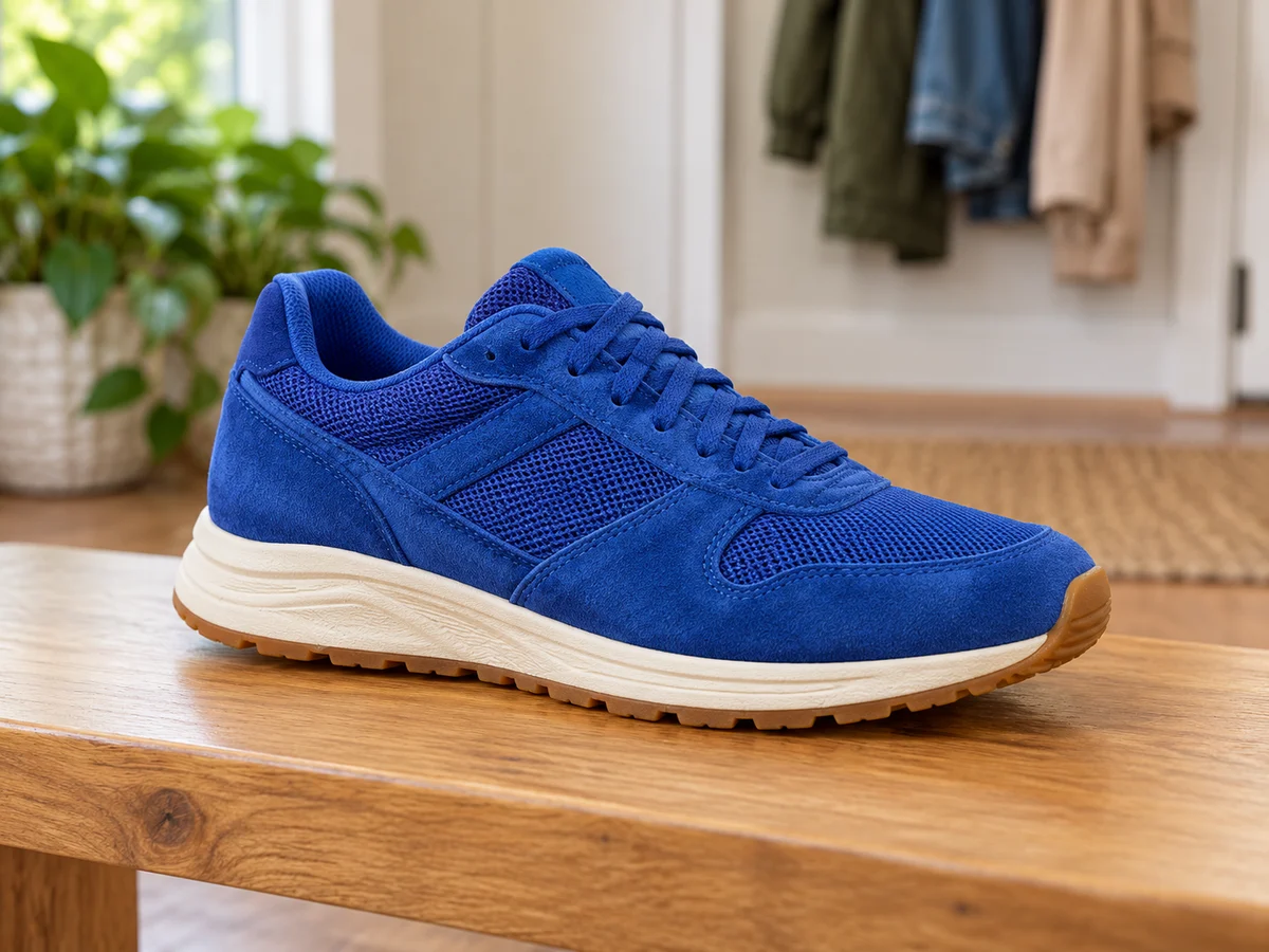 Zapatilla para correr azul sobre un banco de madera en la entrada de una casa