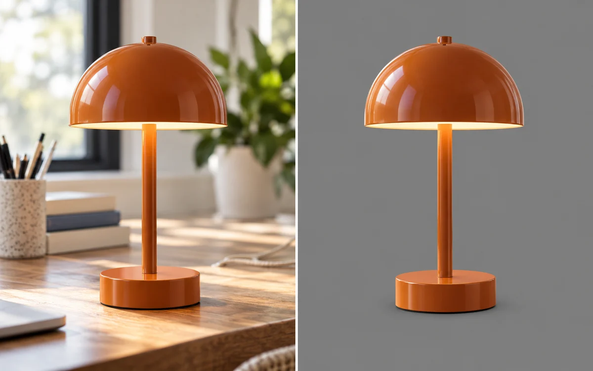 Lámpara de mesa naranja sobre un escritorio lleno de objetos en casa, junto a la misma lámpara con un fondo gris sencillo