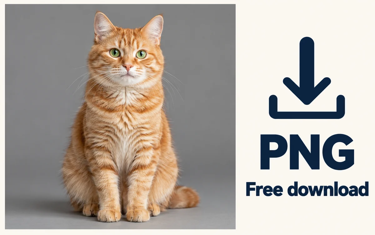 Foto de un gato naranja con fondo gris presentada como archivo PNG con una indicación de descarga gratuita