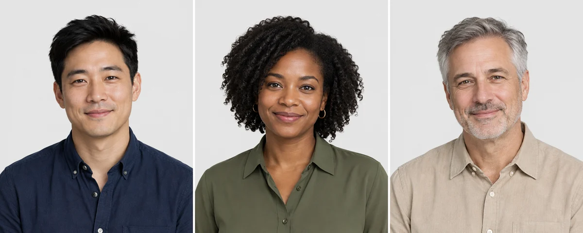 Tres retratos de personas distintas de un equipo con el mismo encuadre y el mismo fondo gris claro