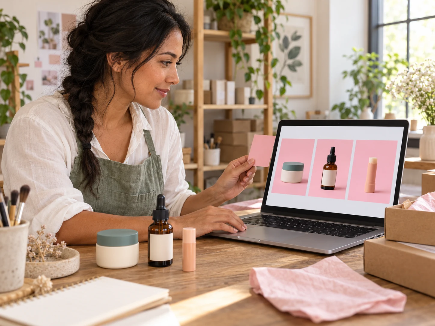 Vendedora de productos de belleza comparando una muestra rosa con fotos de productos a juego en su laptop