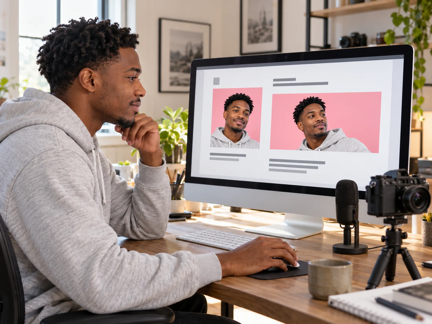 Creador de contenido revisando diseños de retratos con fondo rosa junto a una cámara y un micrófono